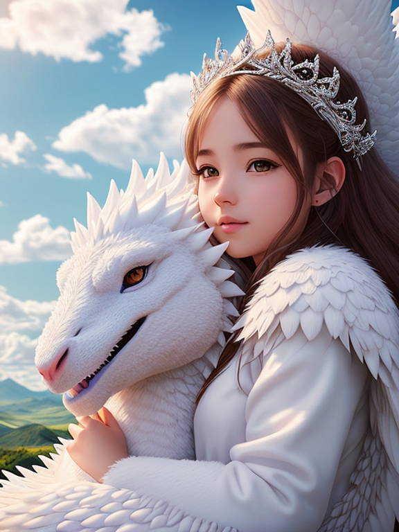 ,the beautiful scene render that a beautiful girl lies in the arms of a huge white dragon in the fairyland surrounded by w...